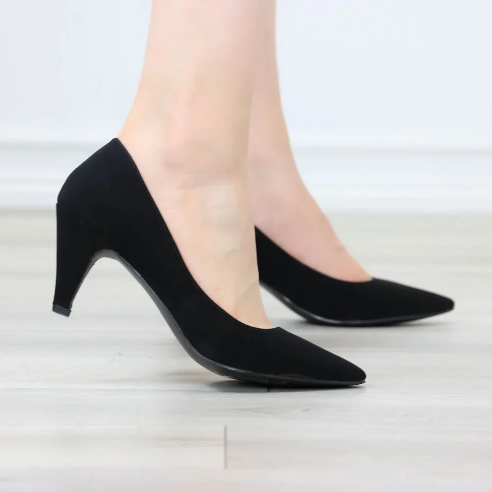 Kitten Low Heel Shoes Rockabilly Vintage Style Pointed Toe Pumps Black Nubuck - Picture 5 of 12
